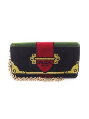 Prada Bifold Wallet Velluto Ricamo Black Fabric Leather Chain